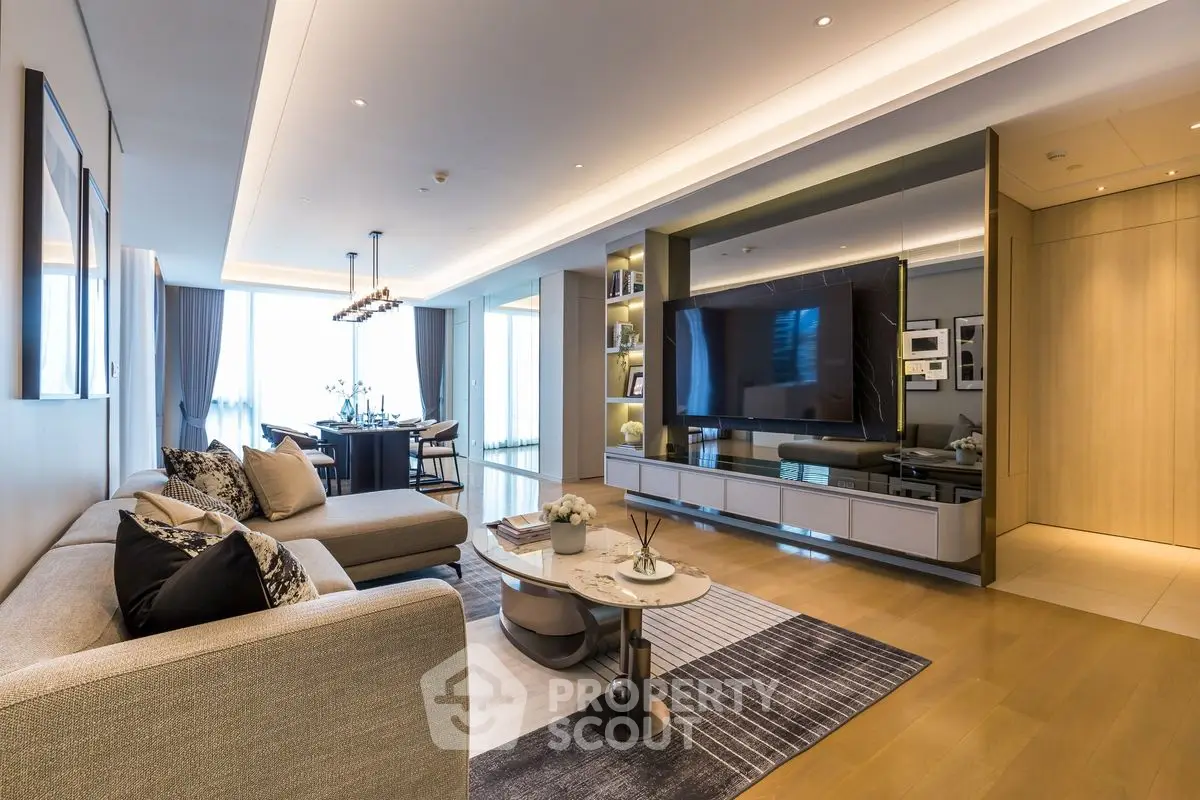 Luxurious modern living room with elegant decor and spacious layout.