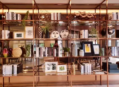 Luxurious modern living room with stylish bookshelf and elegant decor accents.