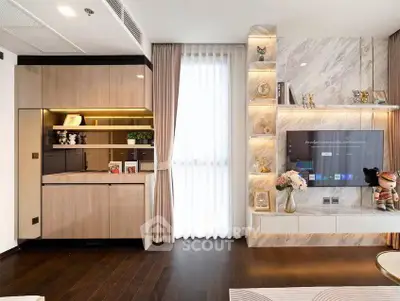 Luxurious modern living room with elegant decor and built-in entertainment center
