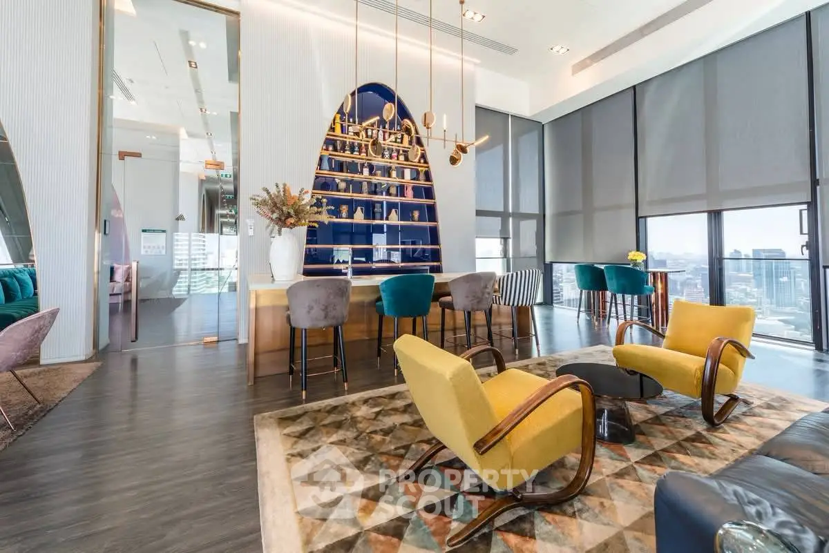 Luxurious modern living room with stylish furniture and city view, perfect for urban living.