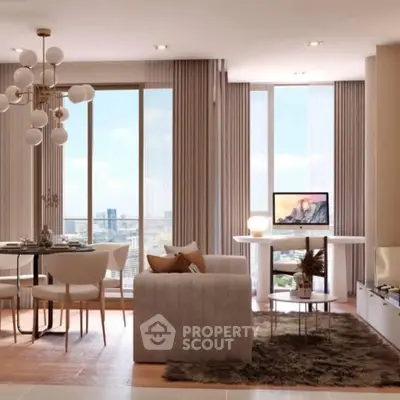 Luxurious modern living room with panoramic city views and elegant decor