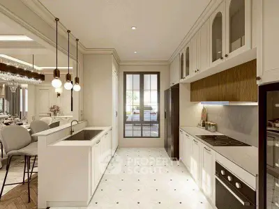 Luxurious kitchen with modern appliances and elegant design, featuring a closed layout and ample natural light.