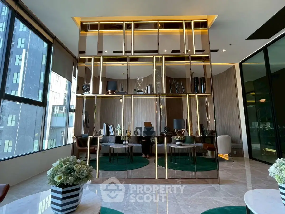 Luxurious modern living room with floor-to-ceiling windows and elegant decor