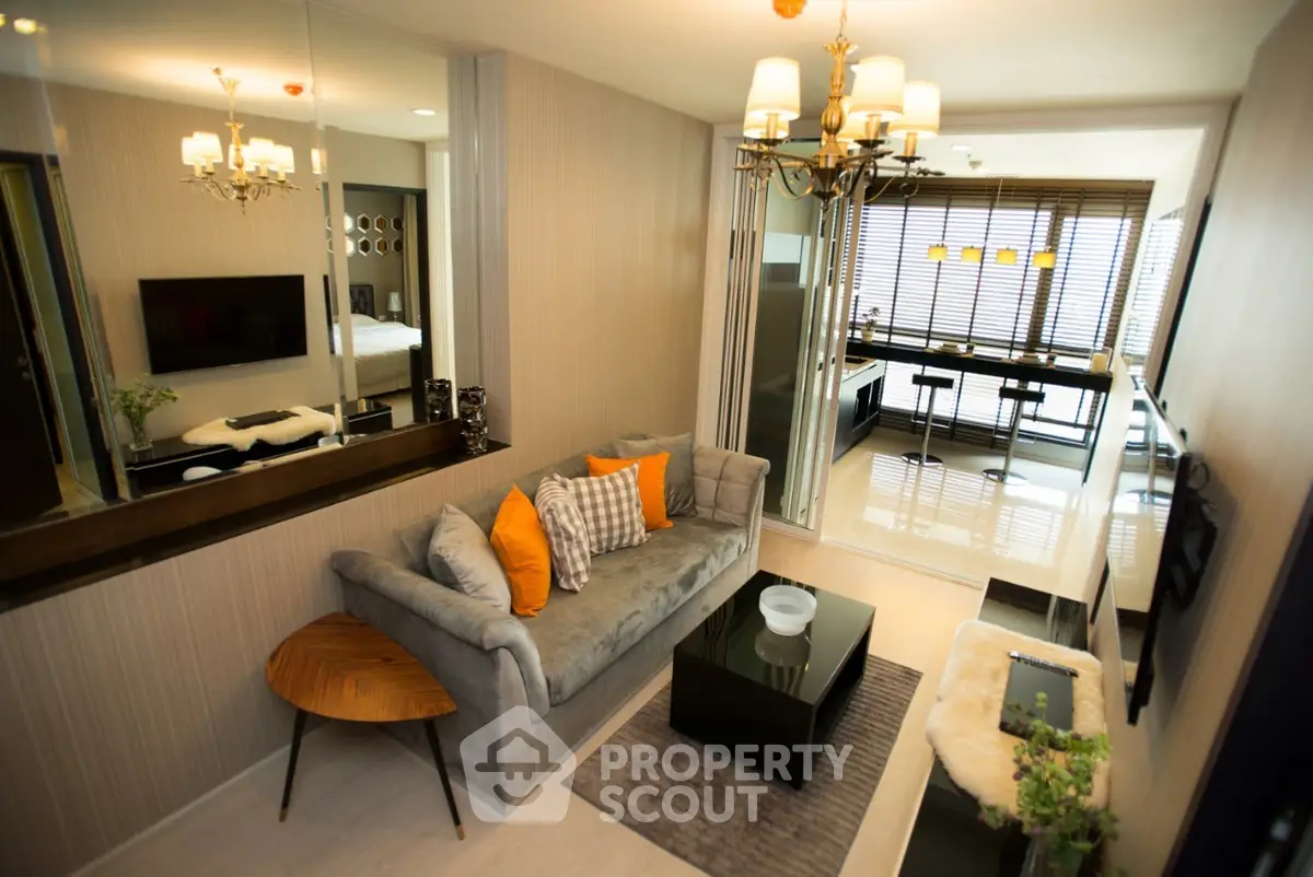 Stylish modern living room with plush sofa and elegant lighting