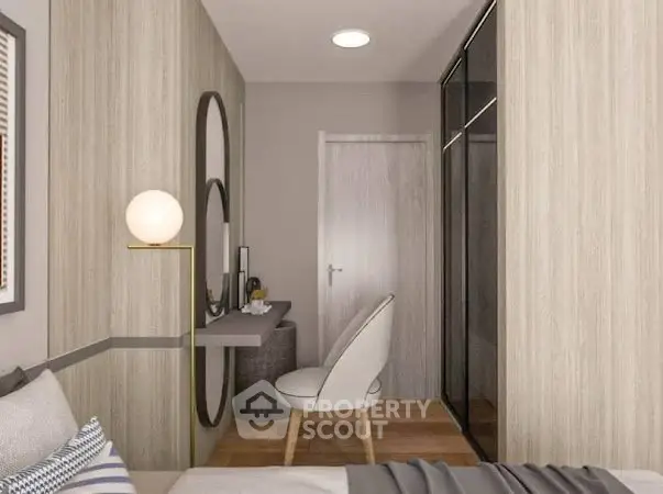 Modern bedroom with stylish decor and sleek furniture design.