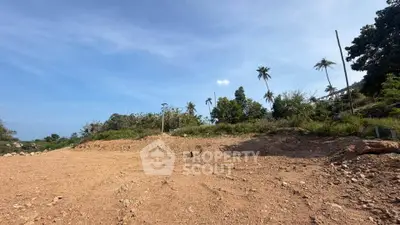 Expansive land plot with potential for development, surrounded by lush greenery and clear skies.