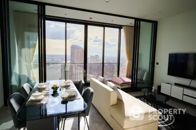 Luxurious living room with panoramic city view and elegant dining area