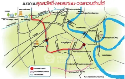 Detailed map showcasing Suk Sawat-Phetchaburi ring road route in Bangkok.