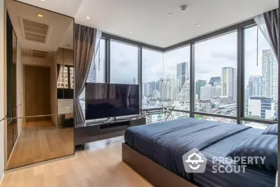 Luxurious modern bedroom with panoramic city view and sleek design