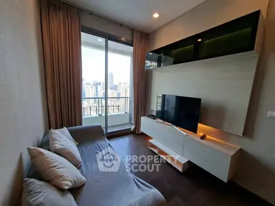 Modern living room with balcony view in high-rise apartment