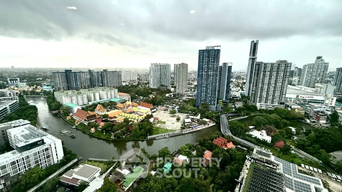 Stunning cityscape view from high-rise building showcasing urban skyline and river.