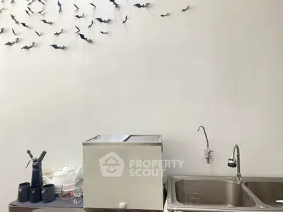 Modern kitchen with sleek sink and minimalist decor, featuring unique wall art of flying bats.