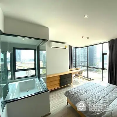 Modern bedroom with large windows and built-in bathtub offering city views.