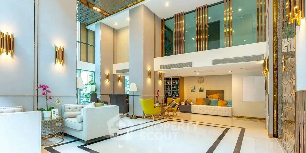 Luxurious modern living room with high ceilings and elegant decor