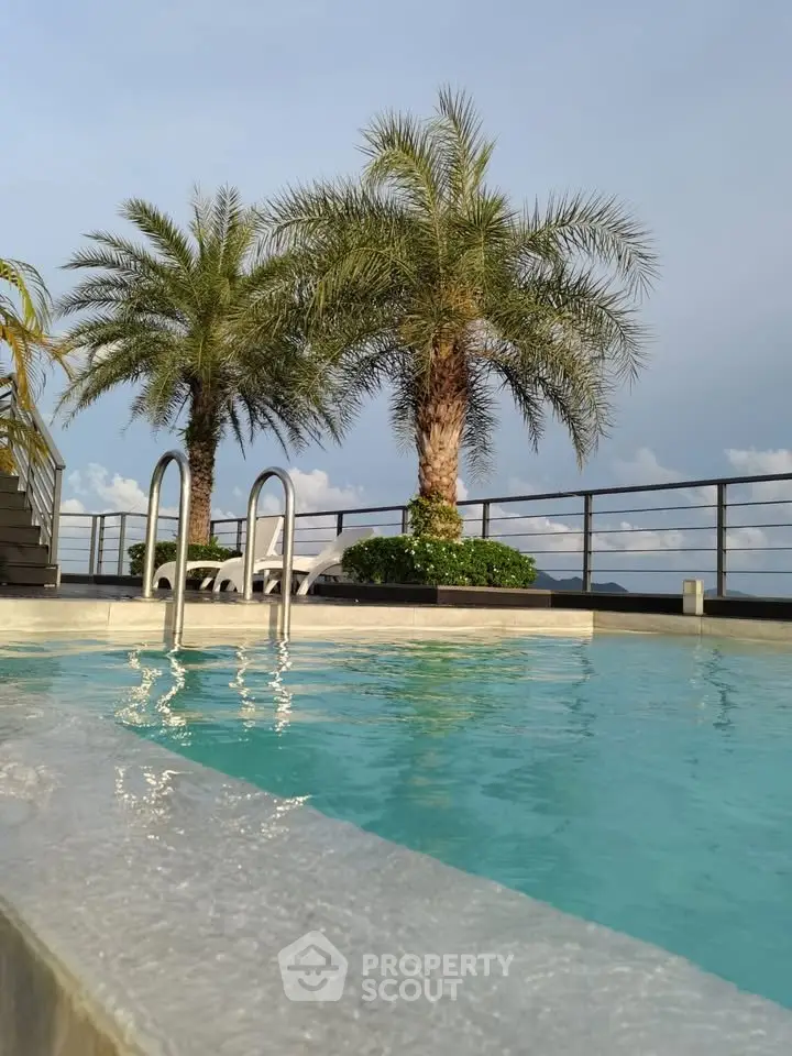 Luxurious rooftop pool with palm trees and stunning sky view