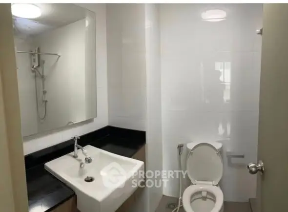 Modern bathroom with sleek sink and toilet, featuring a spacious shower area.