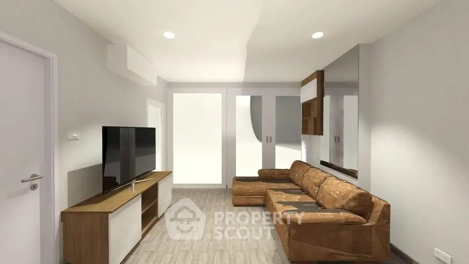 Modern living room with stylish furniture and large TV unit