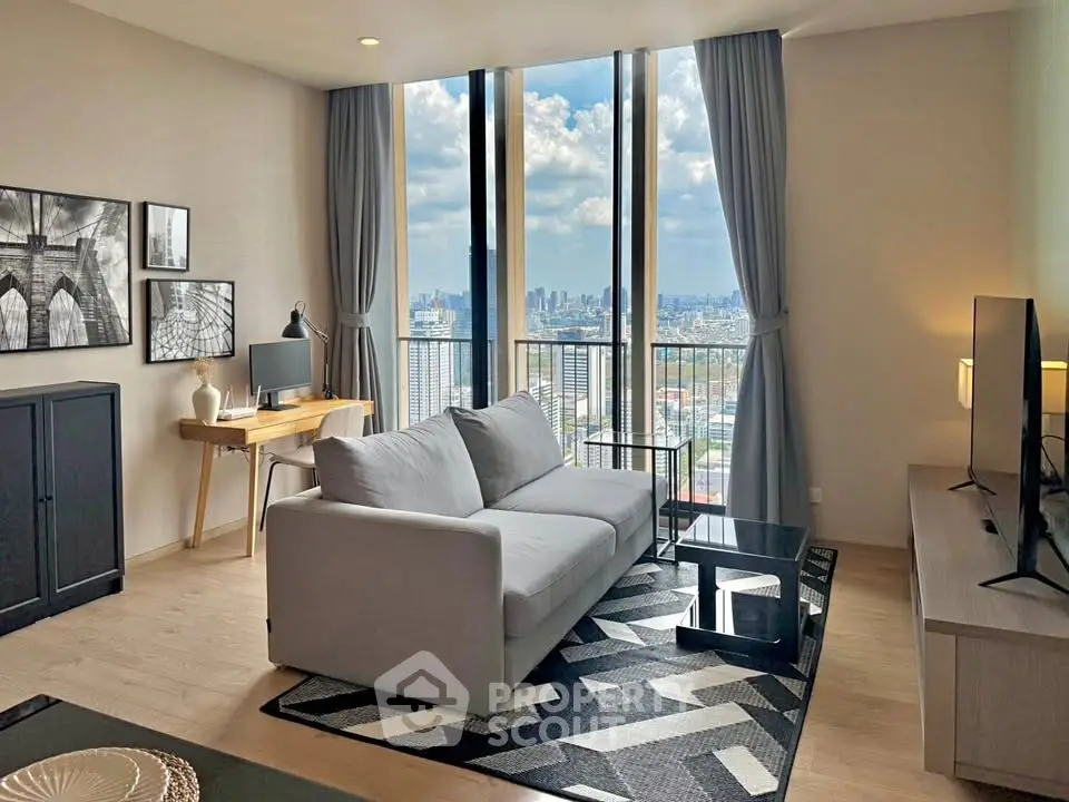 Modern living room with stunning city view, featuring stylish decor and ample natural light.