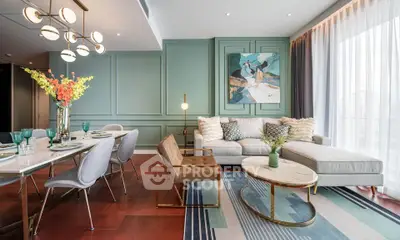 Elegant living room with modern decor and stylish furniture, featuring a chic dining area and large windows.