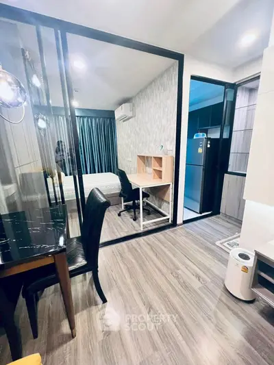 Modern apartment interior with stylish dining area and cozy study room