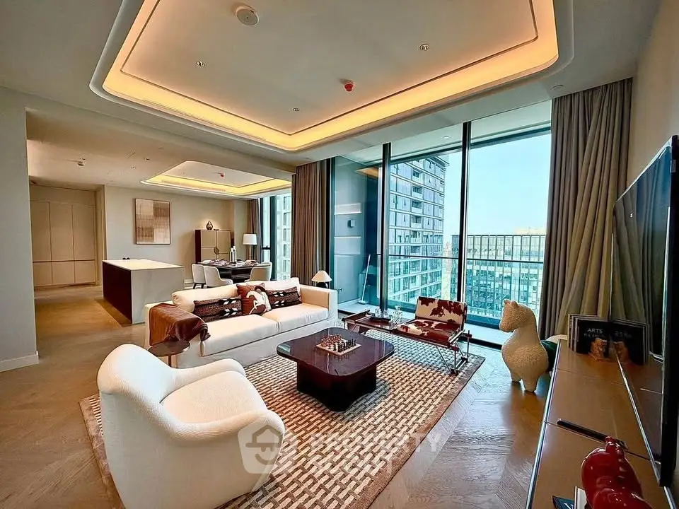 Luxurious modern living room with floor-to-ceiling windows and stunning city view.