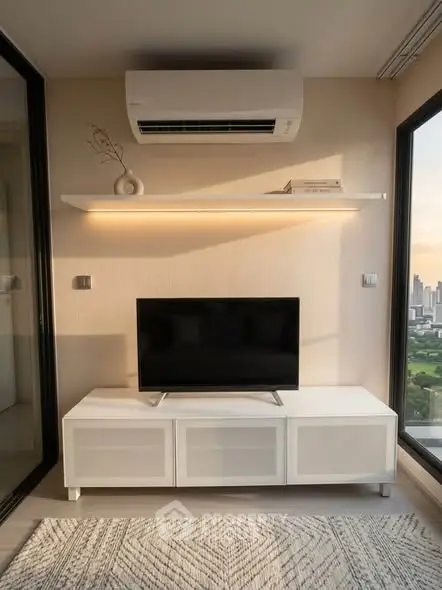 Modern living room with sleek TV stand and city view