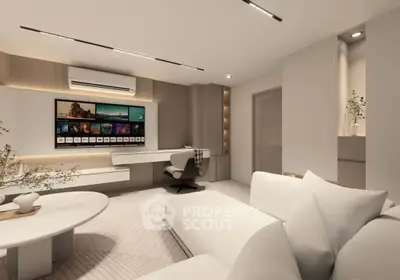 Luxurious modern living room with sleek furniture and ambient lighting, perfect for relaxation and entertainment.
