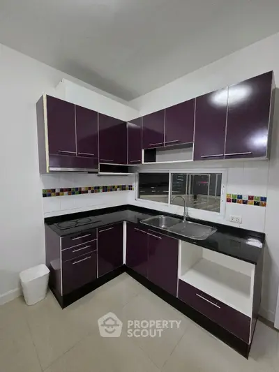 Modern kitchen with sleek purple cabinets and black countertops in a stylish corner layout.