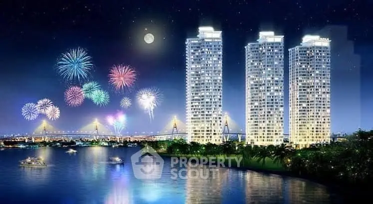 Stunning riverside high-rise buildings with vibrant fireworks and scenic night view.