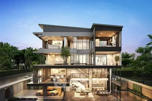 Luxurious modern multi-story home with large glass windows and elegant design, showcasing spacious interiors and outdoor greenery.