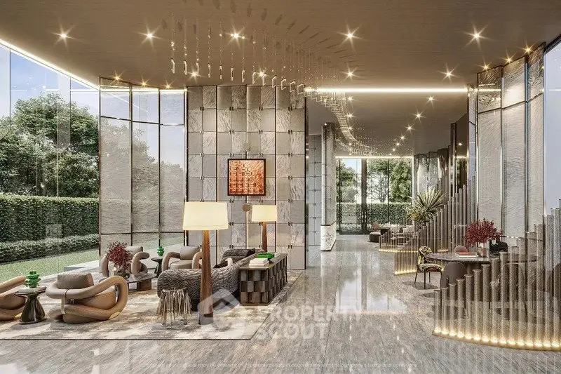 Luxurious modern living room with elegant decor and large windows offering garden views.