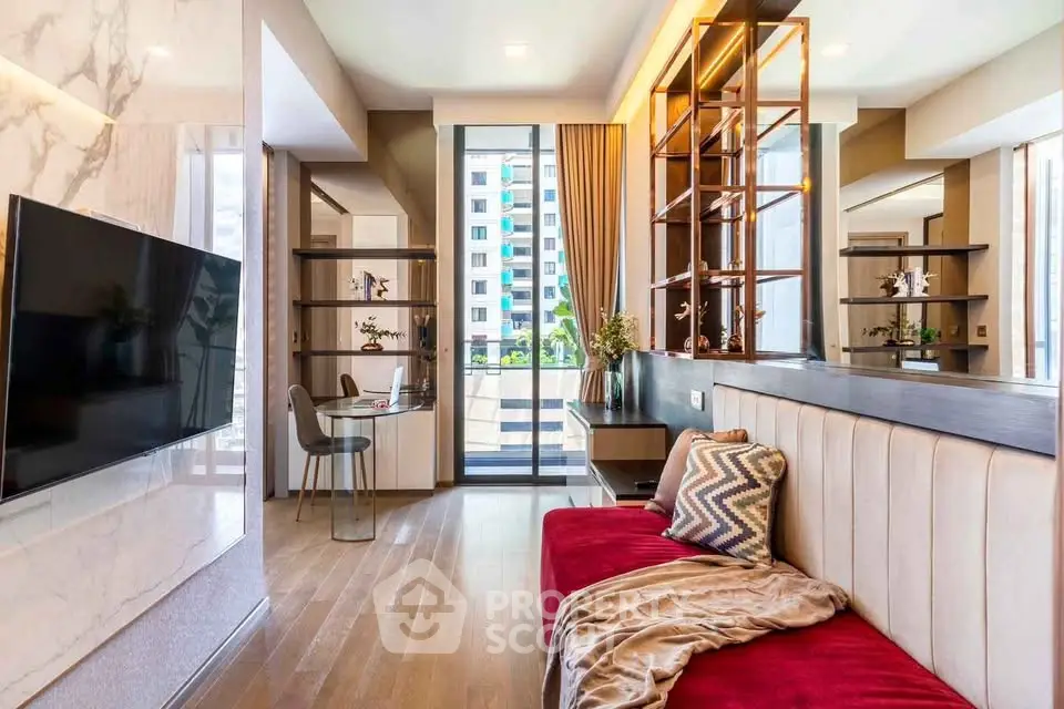 Luxurious modern living room with elegant decor and balcony view in upscale apartment.