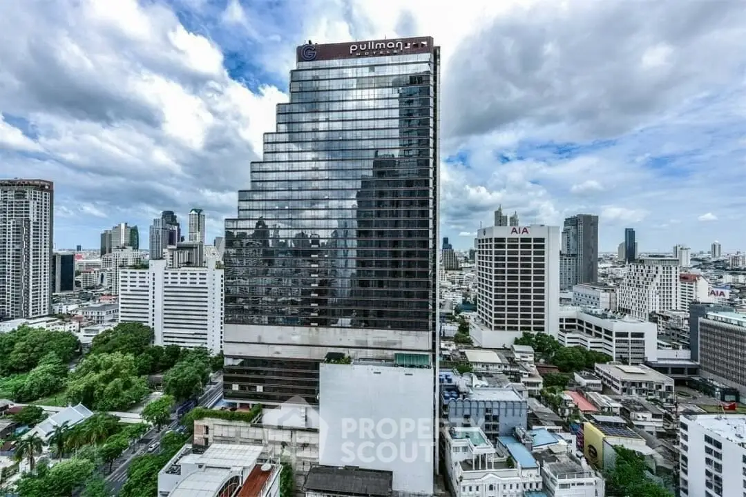 Stunning cityscape view featuring a modern high-rise building with reflective glass facade.