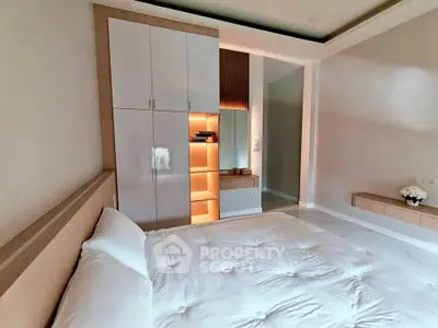 Modern bedroom with sleek built-in wardrobe and cozy lighting