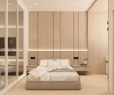 Luxurious modern bedroom with sleek design and ambient lighting