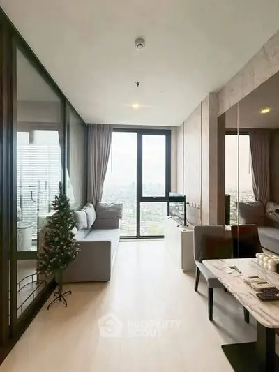 Modern living room with panoramic city view and stylish decor