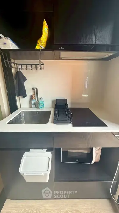 Modern compact kitchen with sleek black cabinetry, electric stove, and built-in microwave, perfect for urban living.