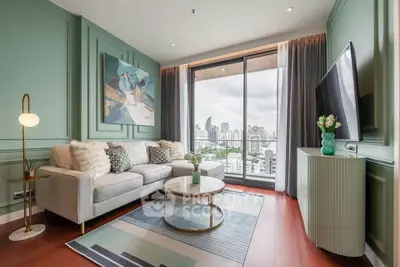 Luxurious living room with city view, modern decor, and elegant furnishings.