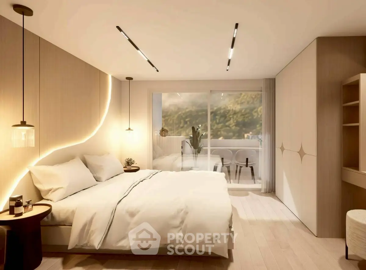 Luxurious bedroom with modern lighting and mountain view balcony