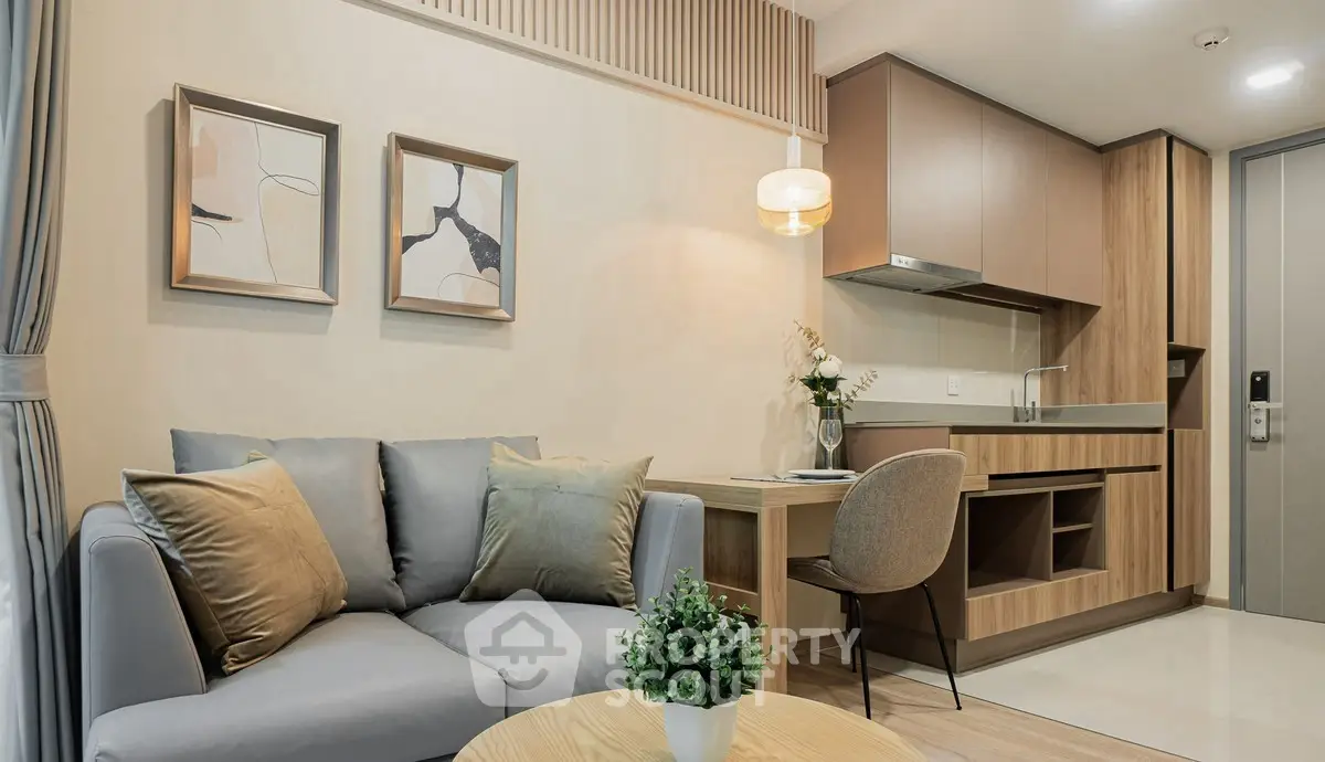 Modern living room with stylish kitchen in open layout apartment