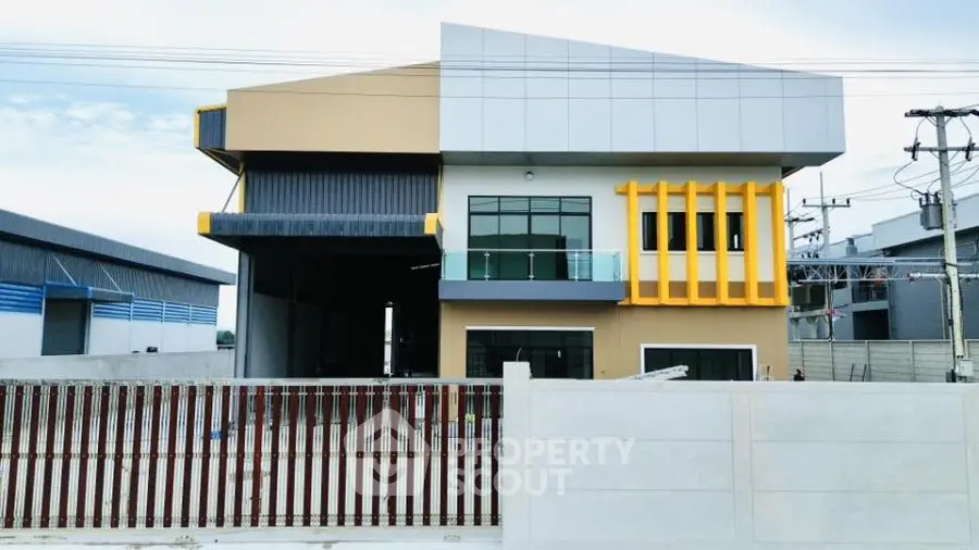 Modern industrial building with unique architectural design and spacious exterior