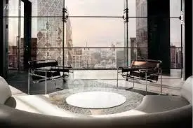 Luxurious modern living room with stunning city view and stylish furniture