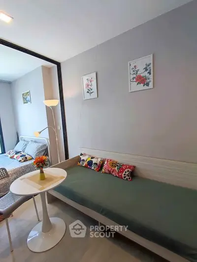 Modern living room with stylish decor and cozy seating area
