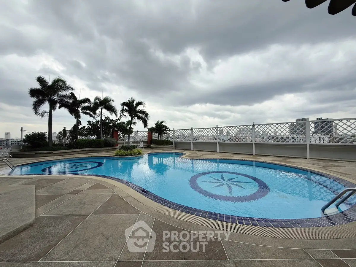 Stunning rooftop pool with city skyline views and lush palm trees.