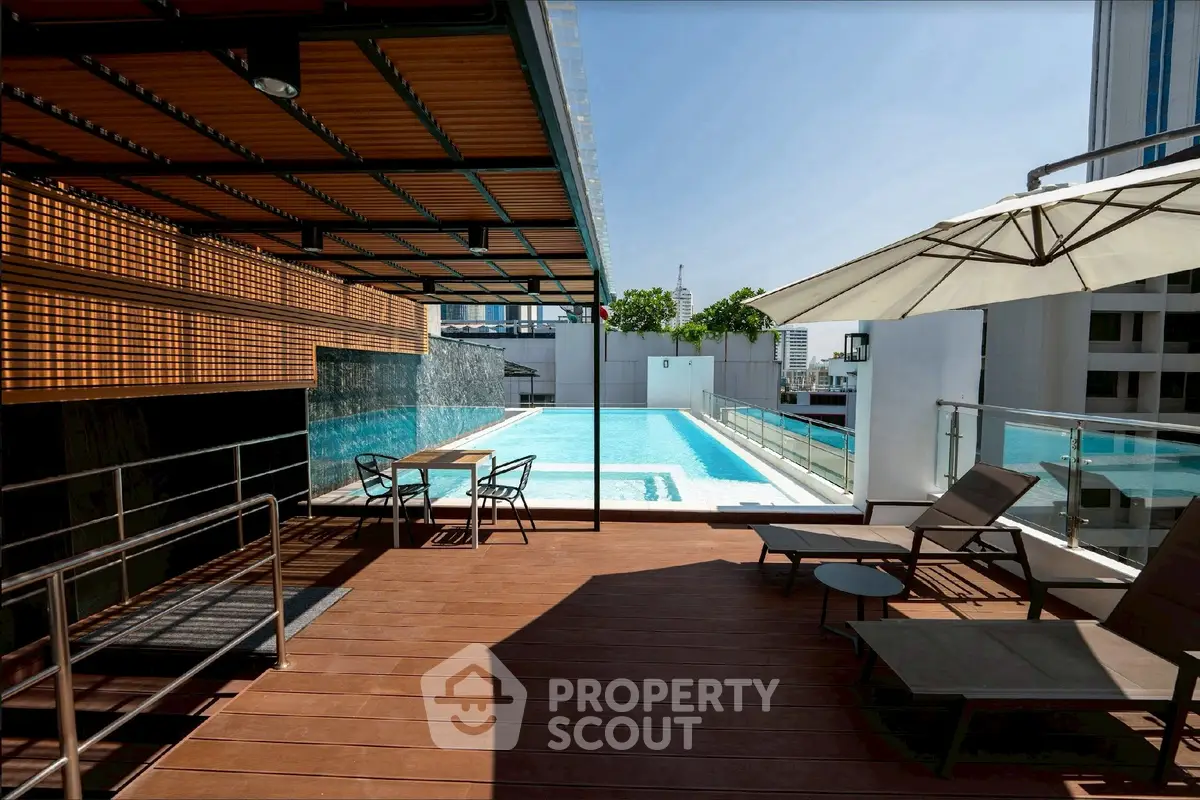 Luxurious rooftop pool with modern deck and city views