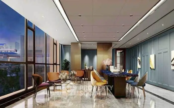 Luxurious modern living room with elegant decor and panoramic city view.