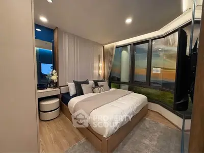 Luxurious bedroom with panoramic window view and elegant decor