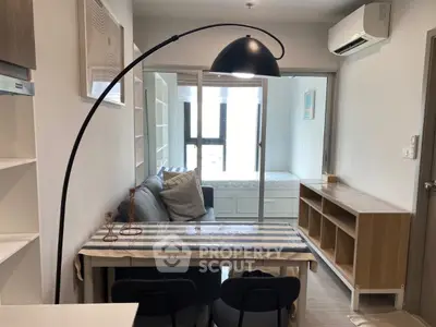 Modern apartment interior with stylish lighting and compact design