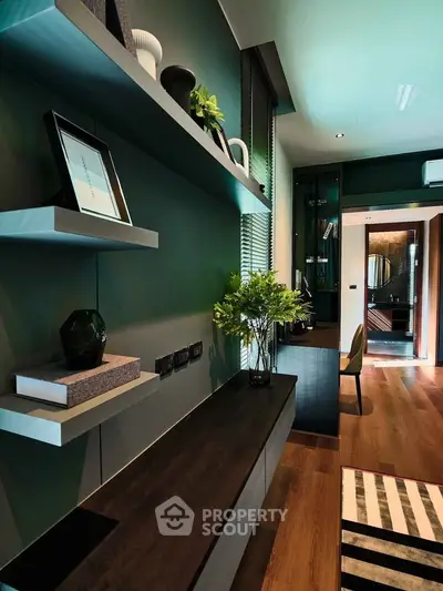Modern living room with stylish shelving and elegant decor