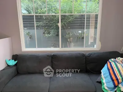 Cozy living room with large window view and comfortable dark sofa
